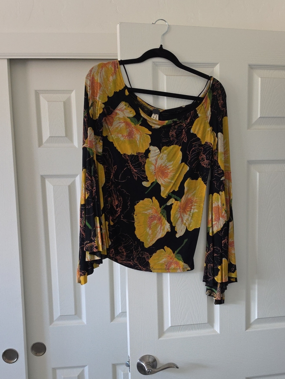 Free People Black Floral Bell Sleeve Top with Yellow Blooms